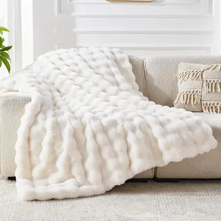 FASCINATDECO Kuscheldecke Flauschig Decke - 160x200cm Weiß Bubble Decke Sofadecke Couchdecke für Wohnzimmer Deko Tagesdecke Blanket, Weiche Wohndecke Flauschige Decke als Wohn- & Kuscheldecken