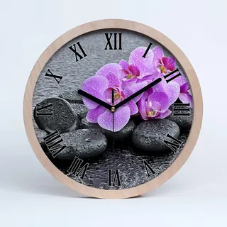 Tulup Holzuhr Uhr Holz ⌀ 25cm Dekoration Wanduhr Modern Runde Stille Uhren Schwarze Uhrzeiger - Orchideen Steine