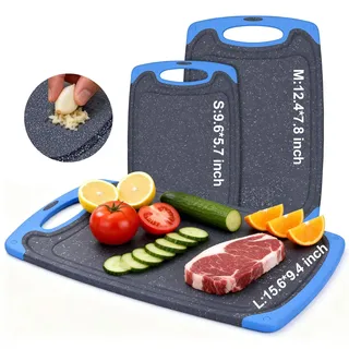Schneidebrett kunststoff Set 3 Stück, Spülmaschinenfest, BPA-freie, Blau | Cutting Board,Plastik Schneidebrett mit Gummifüße & Griff & Saftrille für Fleisch/Obst/Gemüse/Brot