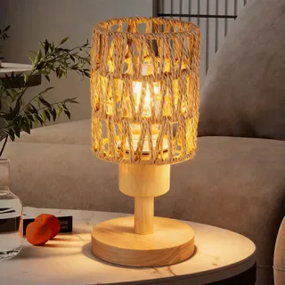 CXGLEAMING Boho Tischlampe mit Juteseil-Schirm und Holzsockel | Geflochtener Juteseil-Schirm mit Holzsockel für Wohnzimmer Schlafzimmer und Flur