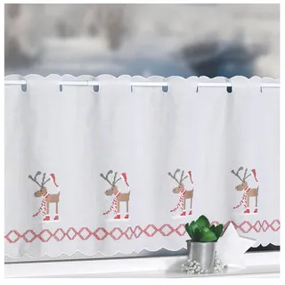 heimtexland Scheibengardine WEIHNACHTSELCH Kreuzstich Stickerei Elche 45x155 cm auf Batist in Natur Panneau Gardine Weihnachtsgardine Weihnachten Bistrogardine Typ507