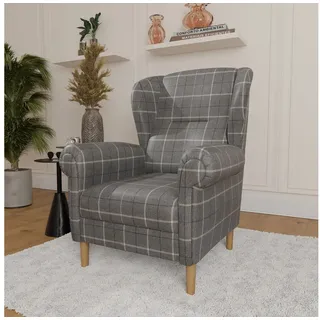 Home affaire Ohrensessel OSTIANO B/T/H: 80/82/98 cm, Sessel, Einzelstück, dicke geschwungene Armlehnen, uni und kariert grau