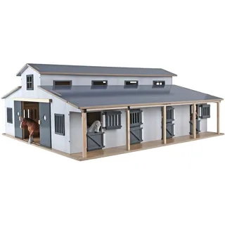 Kinder Globe Pferdestall (7 Pferdeboxen, mit Stauraum an der Decke, Maßstab 1:24, Pferdestall Bauernhaus, Kinderfarm Zubehör, Spielzeug Bauernhof) 610311, Grau