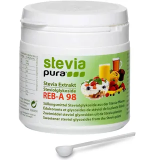 steviapura | Reines Stevia-Extrakt Pulver - weißes Steviosid-Extrakt - Süßungsmittel aus der Pflanze rebaudiana | 100% Stevia davon Reb-A 98% OHNE Zusätze | 50 g Dose mit Dosierlöffel