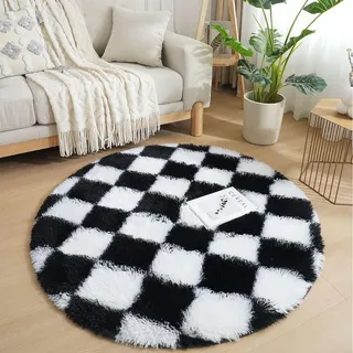 Lifup Teppich Rund Hochflor Teppich, Kariert Extra Weicher Flauschig Waschbar rutschfest für Wohnzimmer Schlafzimmer Schwarz-Weiß 140 x 140 cm