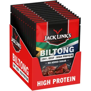 Jack Links Biltong Jerky Original – 12er Pack (12 x 20g) – Glutenfreier Fleisch Snack - High Protein Reiches Trockenfleisch für Gym, Fitness, Outdoor - Kalorienarme Protein Snacks - Rindfleisch Chips