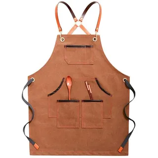 Prettiee Schürze Neue Canvas-Schürze, Lätzchen, Koch-/Küchenschürze für Damen und Herren, Barista, Barkeeper, Taschen, Home Barber Cook Schürze (Khaki)