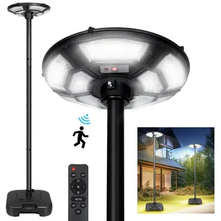 Qelus LED Solarleuchte IP67 Wasserdicht Solar Straßenlaterne mit Bewegungsmelder für Außen, LED fest integriert, 6500K, Solarstrahler für Straßen, Höf, Scheunen, Wasserbefüllbarer Sockel schwarz
