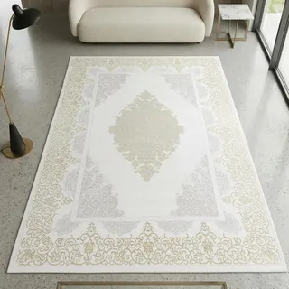 CARPETIA Teppich Mäandermuster Creme Gold mit Glanzeffekt 120x170 cm | Pflegeleicht, strapazierfähig und schmutzabweisend, OEKO-TEX geprüft, für Fußbodenheizung, mit Glanzeffekt