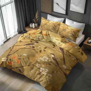 zcwl Blumen Vogel Bettwäsche 135x200 2tlg, Vintage Gold Wendebettwäsche und 1 Kissenbezüge 80x80, Weiche Mikrofaser Bettbezug mit Reißverschluss, Schlafzimmer Deko, Geschenke