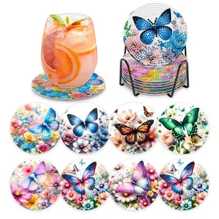MOGTAA 8 STK Diamond Painting Untersetzer mit Halter, Diamond Painting Bunte Schmetterling, Diamant Malerei Set Bilder Erwachsene Kinder, DIY Diamant Tassenuntersetzer mit Kork, für Home Dekor