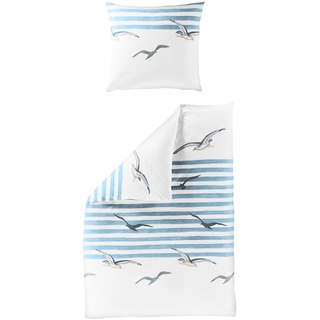 Traumschloss Bettwäsche »Seersucker« Möwen auf weißem Hintergrund mit blauen Streifen, 135x200 & 80x80, 100% Baumwolle, Krepp-Struktur, perfekt für den Sommer