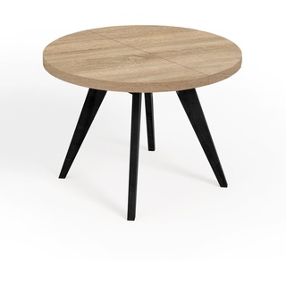 Runder Ausziehbarer Tisch für Esszimmer, LORA, Loft-Stil, Skandinavische, Durchmesser: 100 / 150 cm, Farbe: Eiche Sonoma / Schwarz