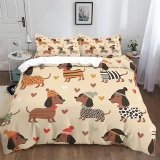 XCQHZYQ Bettwäsche 135x200 cm Cartoon-Tier-Dackel 3teilig Bettbezug Bettwäsche-Sets Aesthetic Atmungsaktive Weich Bügelfrei Hautfreundliche mit Reisverschluss