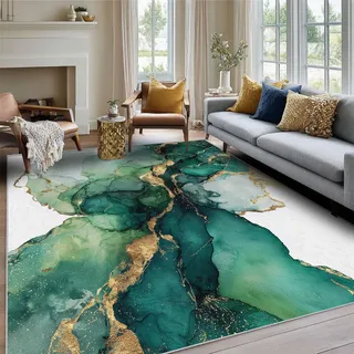 Generisch Tie-Dye Teppich 200 x 200 cm Wohnzimmer Mit Grün Gold Marmor Muster, Tie-Dye Bettvorleger Schlafzimmer Deko, Waschbar Teppiche Gegend Kurzflor rutschfest