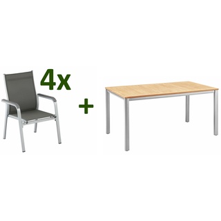 KETTLER Granada/Basic Plus Sitzgruppe, silber/anthrazit, Alu/Teak, Teaktisch 160x95 cm,  4 Stapelsessel, FSC-Teak