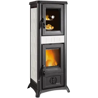 La Nordica Kaminofen Gemma Forno 165 Elegance Weiß Infinity 6 kW Holzofen mit Backfach emailliertes Gusseisen 120 mm Rauchrohr Oben Scheibenspülung Keramikglas 120 m3 Raumvolumen