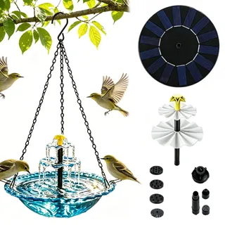 Encuryna Vogeltränke Hängend mit Solarbrunnen, Vogelbad Garten zum Aufhängen,Solar Vogeltränke Balkon Wassertränke für Vögel mit Springbrunnen Wasserspiel Vogelbad für Garten Hof Terrasse Lockt Vögel