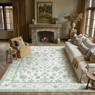 PureCozy Teppich Wohnzimmer 200x300cm Waschbarer Blumenmuster kurzflor rutschfest Weich Boho Bumen Vintage Teppiche Groß für Esszimmer Schlafzimmer Bedroom Living Room, Blassgrün