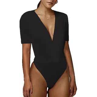 TTPSRY Body Damen Kurzarm Vausschnitt Bodysuit Elegant Tiefer Ausschnitt Bodys für Frauen Oberteil Figurbetont Blusenbody Kurzarmbody Einteiler Formgebend - L