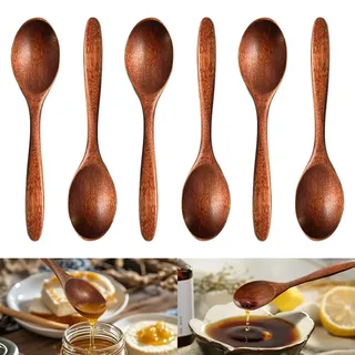 Bangbobi 6 kleine Holzlöffel Set, Handpoliert Naturlöffel, 14.5cm, für Heiße Schokolade, Honig, Kaffee, Tee, Holzlöffel Honig, Wooden Spoon für Zuhause, Küche, Restaurant, Dessertlöffel Holz