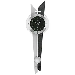 Pendeluhr AMS Wanduhr 5253 mit Pendel Funk Holzrückwand Schiefer Aluminium Mineralglas