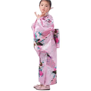 XueXian(TM) Mädchen Kimono mit Obi-Gürtel Robe Yukata Blumen Pfau Muster Japanisch Morgenmantel(Höhe:110-120 cm/Rosa) - Höhe:110 - 120 cm