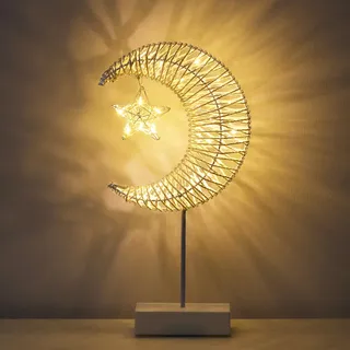 Lewondr Tischlampe, Dekorativ LED Nachttischlampe Batteriebetrieben Weihnachtsdeko Mond Stern Schreibtischlampe, Ramadan Tischdeko Warmweiß Weihnachtsbeleuchtung für Weihnachten Neujahr Zuhause, Weiß