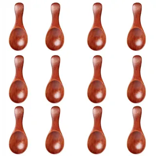 Kleine Holzlöffel,Mini Holz Teelöffel Kaffeelöffel EIS Salzlöffel Honig Kaffee Tee Zucker Salz Marmelade Senf Gewürze Holzlöffel für Küche Gewürzöl Eiscreme Milchpulver,12 Stück Dunkles Holz 8x3.6cm