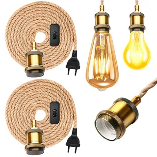 2 Stück Vintage Hängelampe mit Stecker, Pendelleuchte mit Stecker, E27 Vintage Lampenkabel HäNgende Leuchte, Lampenkabel mit Schalter mit 4.6M Hanfseil Plug, DIY Einzelkopf Kabel Seil HäNgeleuchte