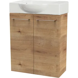 Waschtisch FACKELMANN "SBC", braun (braun, braun, ast, eiche optik), B:54,5cm H:70,5cm T:31,7cm, Holzwerkstoff, Keramik, Waschtische, Waschtisch, bestehend aus Becken und Unterbau, Breite ca. 55 cm