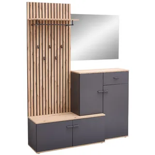 moebel-dich-auf Kompaktgarderobe COMO (Paneel + Schuhschrank + Spiegel, 148 cm breit) Lamellenoptik grau