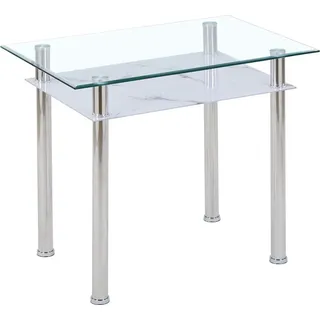 Esstisch Glas 90x60x75 cm – 6 mm Sicherheitsglas mit Facettenschliff – Glastisch mit Ablage in Marmoroptik Weiß – Chromgestell, modern & sta... - Weiß/Silber