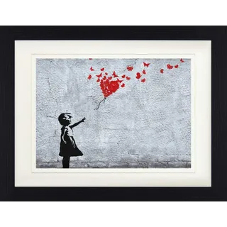 1art1 Mädchen Poster Mädchen Mit Luftballon Und Schmetterlingen, Banksy-Style Gerahmtes Bild Mit Edlem Passepartout | Wand-Bilder | Im Bilderrahmen 40x30 cm
