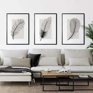 HTWLMM Leinwand Bilder Abstrakte Schwarz-Weiß Feder Nordische Poster Kunstdruck Wandbilder für Wohnzimmer Schlafzimmer Deko Rahmenlos (3X50X70CM)