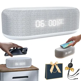 6 In 1 Kabellose Ladestation 25w, Digitaler Wecker Mit Ladestation, Wireless Charger Wecker Radio Mit Licht Und Temperaturanzeige, Uhr, Wecker, Bluetooth-Lautsprecher & Nachtlicht All-In-One (Weiß)