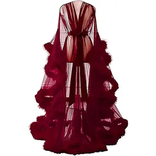 Generisch Sexy Damen-Nachthemd Flauschiges Sexy Nachthemd Pyjama aus NetzspitzeLanger Transparentes Nachthemd-Set Feder-Nachthemd Nachthemd mit Glockenärmeln,006,One Size