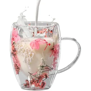 Getrocknete Blumen Doppelwandige Gläser, 350 Ml Kaffeetassen Glas, Glasbecher Tasse Mit Trockenen Blumen, Isolierte Aus Glas
