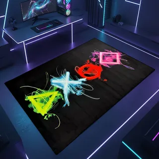 Teppich-Traum Gaming Teppich Neon Icons Schwarz 100x150 cm | Leuchtende Gaming-Symbole auf dunklem Hintergrund, rutschfest, robust, pflegeleicht und angenehm in der täglichen Nutzung