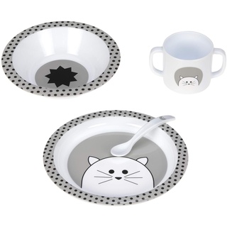 LÄSSIG Kindergeschirr Set (Teller, Becher, Schälchen, Löffel) ohne Melamin, BPA-frei, für Spülmaschine und Mikrowelle/Dish Set PP Little Chums Cat