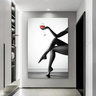 MHLCMG Leinwand Malerei Schwarz-weiße Sexy-Frauen-Rotweingläser Bilder Wandkunst Poster Kunstdruck Kein Rahmen Bild Wand Wohnzimmer Schlafzimmer Dekor (50X70CM)
