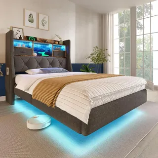 Sweiko Polsterbett 90x200 cm Schwebebett mit LED-Beleuchtung, Kopfteil und Ladestation(1 Type-C, 3 USB-Anschlüsse), Modern Einzelbett mit Stauraum... - Grau