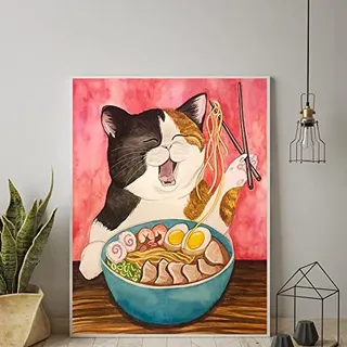 QITEX Poster & Kunstdrucke Japan Stil Ramen Katze Leinwand Gemälde Bild Japanische Essen Nudeln poster & kunstdrucke Wandbild für Küche Restaurant Dekoration 50x70cm ohne Rahmen
