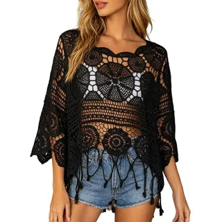 Women's Plain Fringe Trim Cut Out Sheer Cover Up, Boho Scallop Trim Sarong 3/4 Sleeve, Plain Fringe Cut Out Round Neck Beach Cover Up for Vacation Poolside - XL