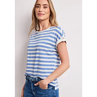 Shirttop STREET ONE, Damen, Gr. 42, blau (drift blau), Jersey, Obermaterial: 50% Baumwolle, 50% Modal, gestreift, normal hüftbedeckend, Rundhals, Aufschlag mit Knöpfen, Tops Shirttop, Sommershirt mit Streifen