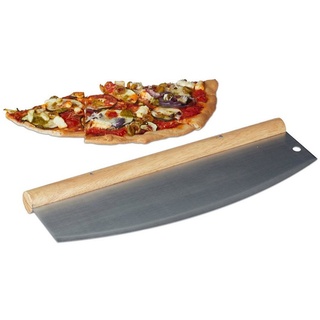 relaxdays Pizzaschneider Pizza Wiegemesser aus Edelstahl braun|silberfarben