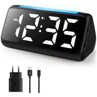 Netzu Wecker Digital, Digitaler Wecker Kinder mit Licht, LED Anzeige, 0-100% Helligkeitsdimmer, 2 Alarme, Snooze, 3 Wecklautstärke, USB Ladeanschluss, Kinderwecker für Schlafzimmer (Schwarz-Weiß)