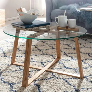 FineBuy Wohnzimmertisch Holz Glas Sofatisch Tisch Wohnzimmer Rund