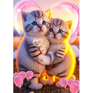 QENSPE 5D Diamond Painting Katzen Liebe Diamond Art Erwachsene, Full Diamant Painting Kätzchen Bilder, DIY Diamant Kunst Malerei Stickerei Kreuzstich Set Home Wand Dekor 30x40cm