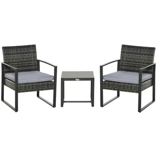 Outsunny Rattan, Polyrattan 3 TLG. Balkonmöbel Set Gartenmöbel mit Kissen Garten Grau